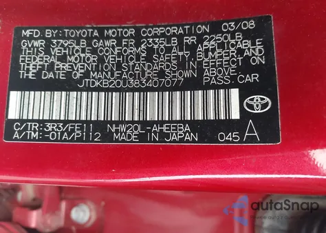 2008 Toyota Prius from USA, damaged, VIN JTDKB20U383407077